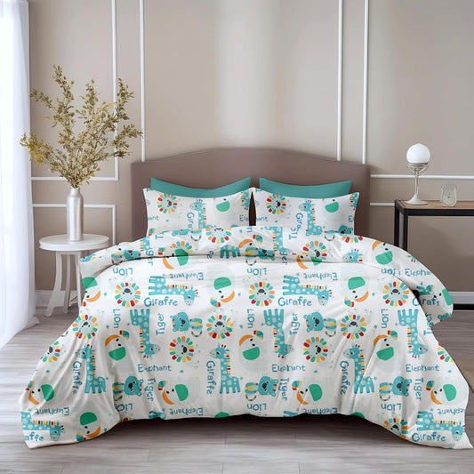 Loreto Cotton Double Bedsheet | Aqua & Rainbow Animal Parade Soft & Breathable