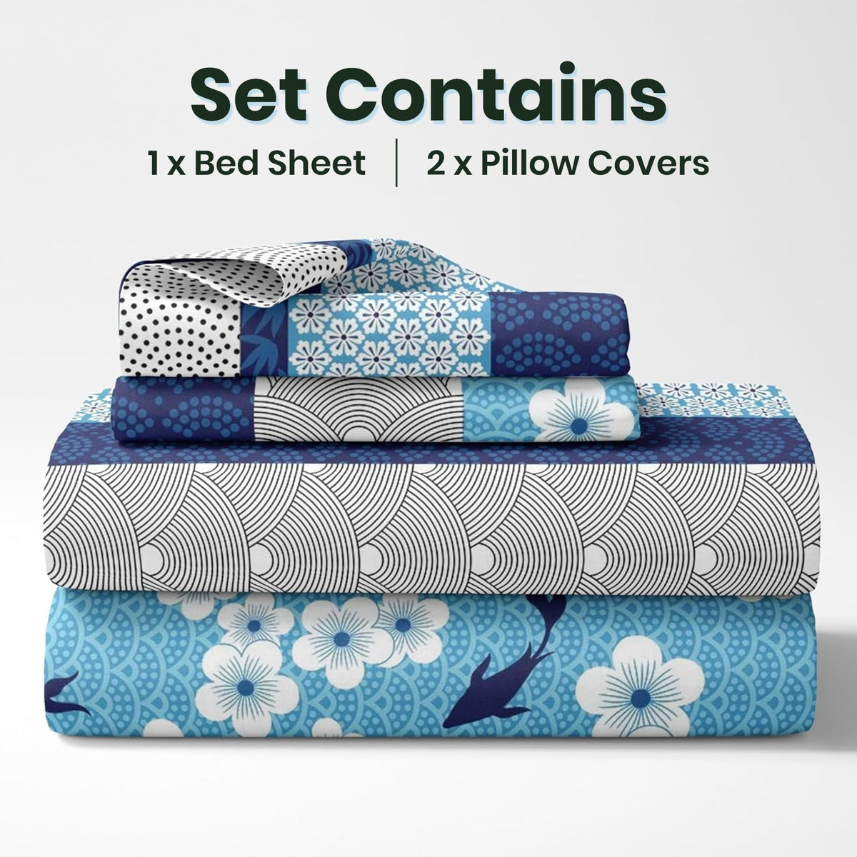 Blue Floral 100% Cotton Flat Double Bedsheet, 186 TC