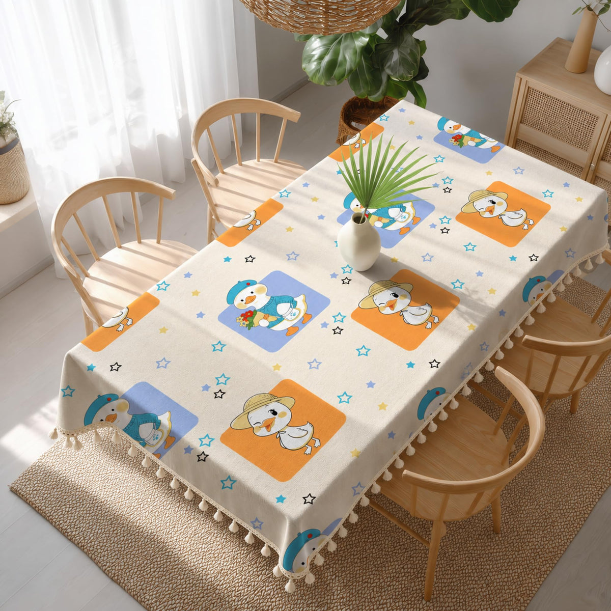 Loreto Playful Ducks on Creamy Beige Cotton Dining Table Cover | 48 x 72 Inches - main product image