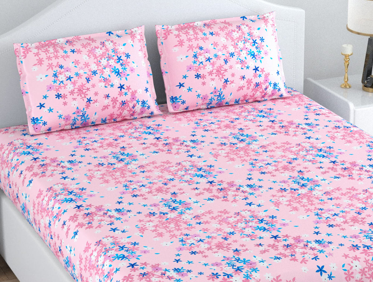 Loreto Blossom Pink Stars Double Bedsheet | 186 TC | 100% Cotton | 90 x 88 Inches - main product image