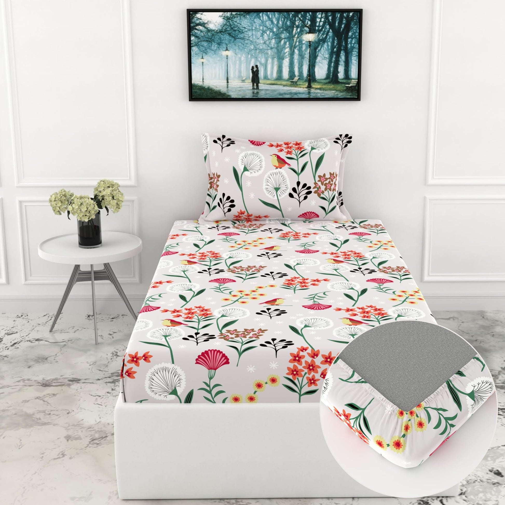 Lavender Grey Spring Harmony Single Fitted Bedsheet - 100% Cotton with 1 Pillow Cover (78 x 36 Inches + 8 Inch Pocket)