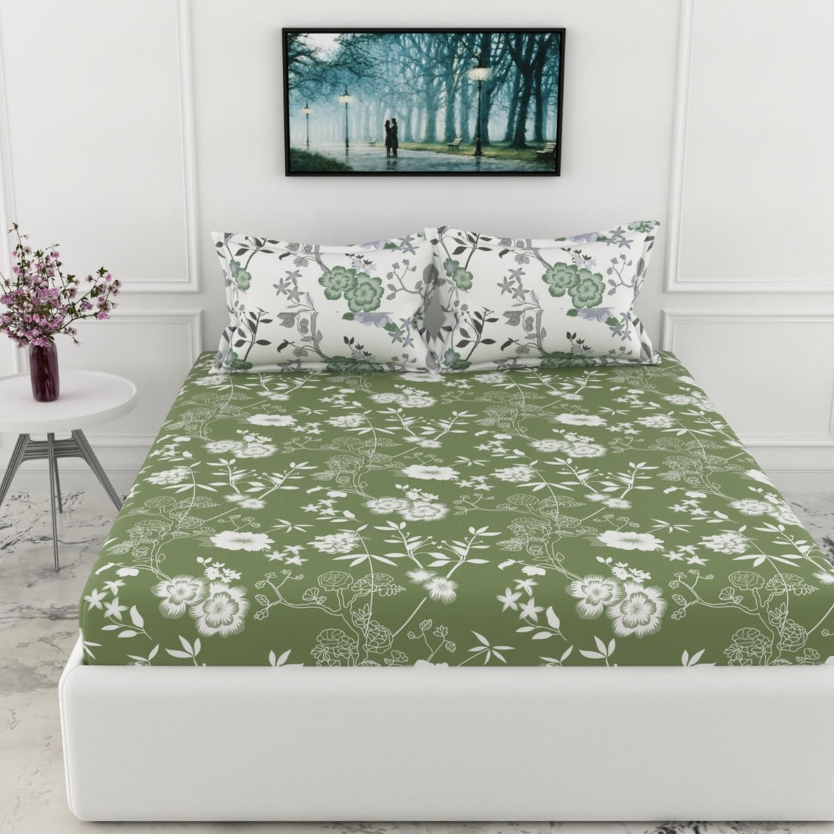 Loreto Olive Green Floral Elegance Double Fitted Bedsheet | 144 TC | 100% Cotton | Fits 72 x 60 Inches | 8 Inch Pocket - main product image