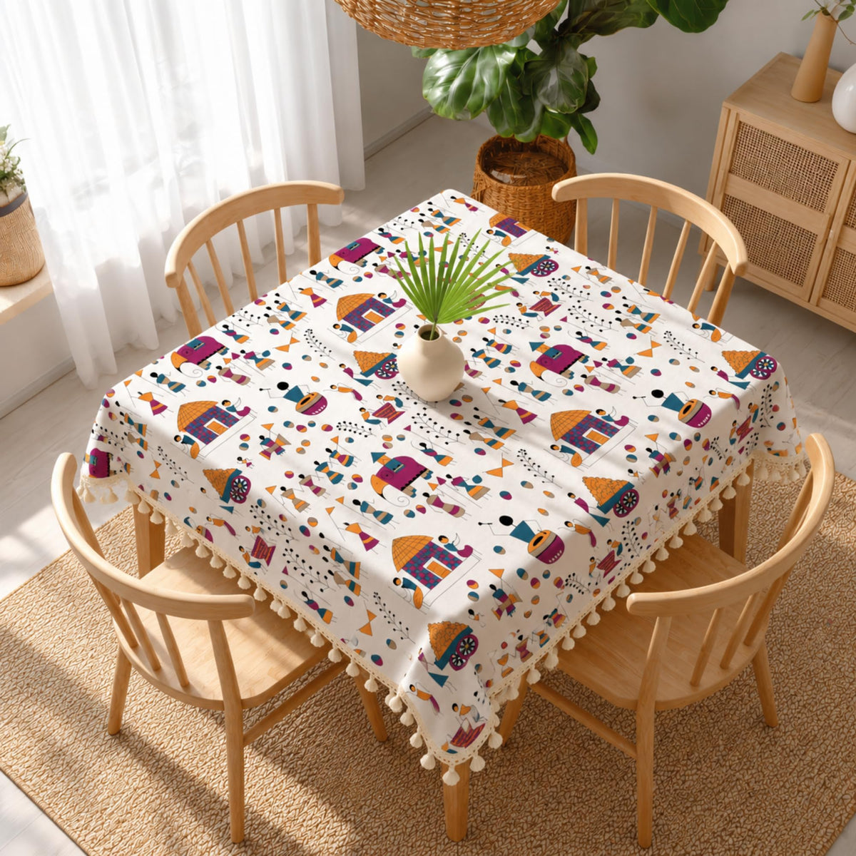 Loreto Multicolor Tribal Motifs on Crisp White Cotton Dining Table Cover | 48 x 48 Inches - main product image