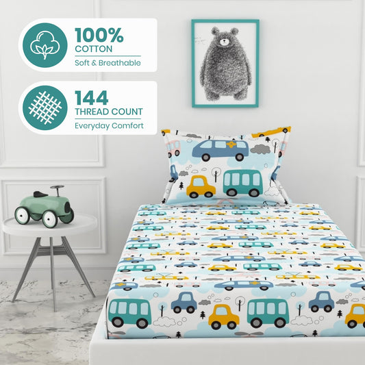 Bubblegum Blue Bus & Banana Yellow Cars 100% Cotton Single Fitted Bedsheet, 144 TC