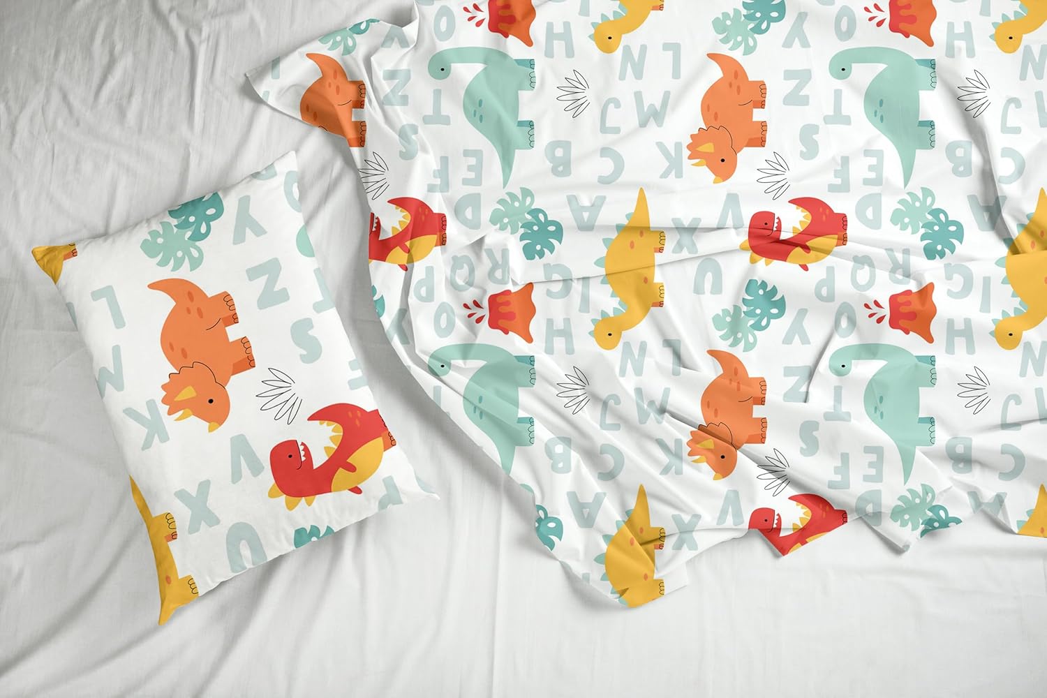 Orange & Mint Alphabet Dino Play Soft & Breathable 100% Cotton Flat King Bedsheet, 144 TC