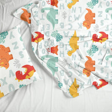 Orange & Mint Alphabet Dino Play Soft & Breathable 100% Cotton Flat King Bedsheet, 144 TC