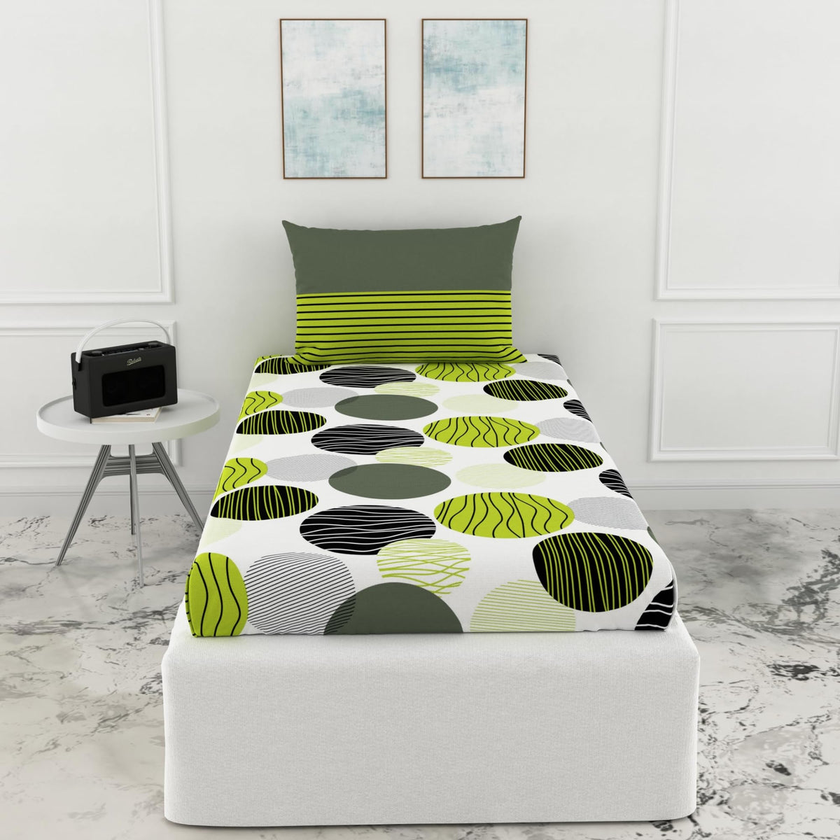 Loreto Olive Green & Black Circles Single Fitted Bedsheet | 100% Cotton | Fits 72 x 36 Inches | 8 Inch Pocket - main product image