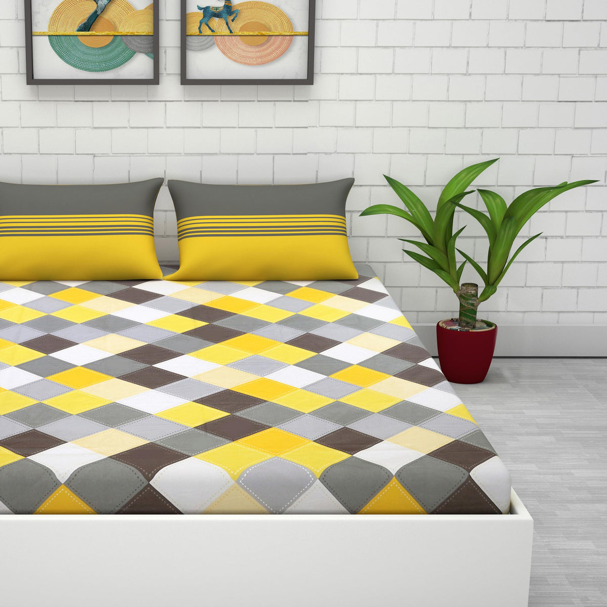 Loreto Yellow And Grey Double Bedsheet | 144 TC | 100% Cotton - main product image