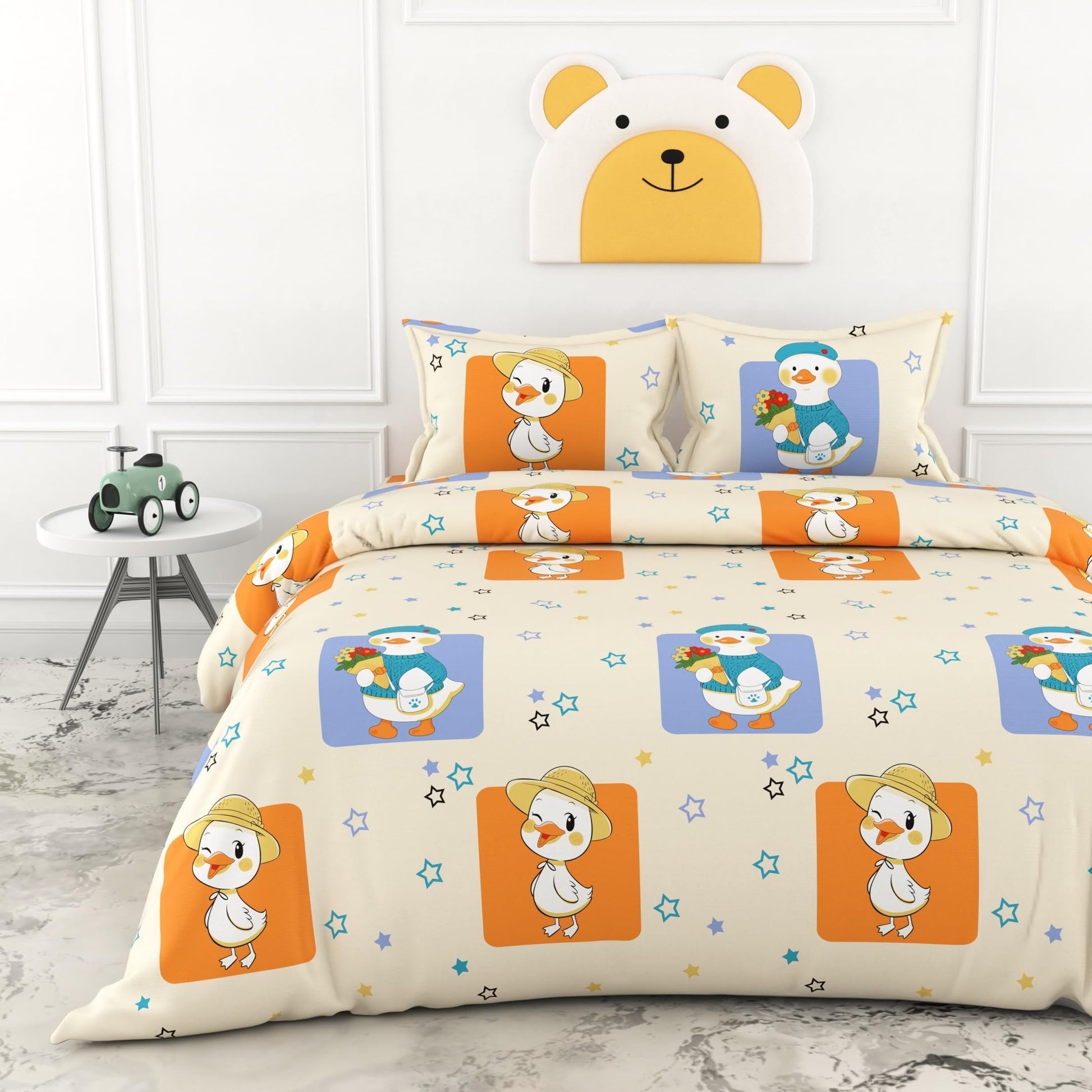 Playful Ducks on Creamy Beige 186 TC Cotton Double Bedsheet, 90 x 90 Inches — Soft Percale Weave with 2 Pillow Covers, Durable & Breathable