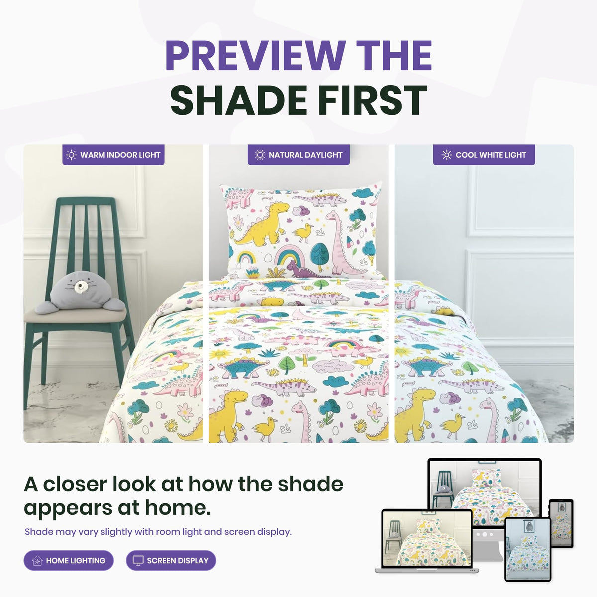Rainbow Dino Fun Soft & Breathable 100% Cotton Flat Single Bedsheet, 144 TC