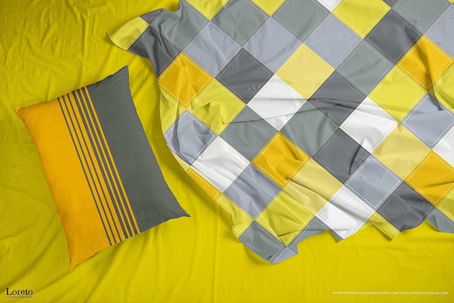 Yellow & Grey Checkered 100% Cotton Flat Double Bedsheet, 144 TC