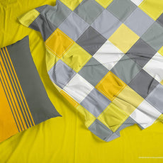 Yellow & Grey Checkered 100% Cotton Flat Single Bedsheet, 144 TC