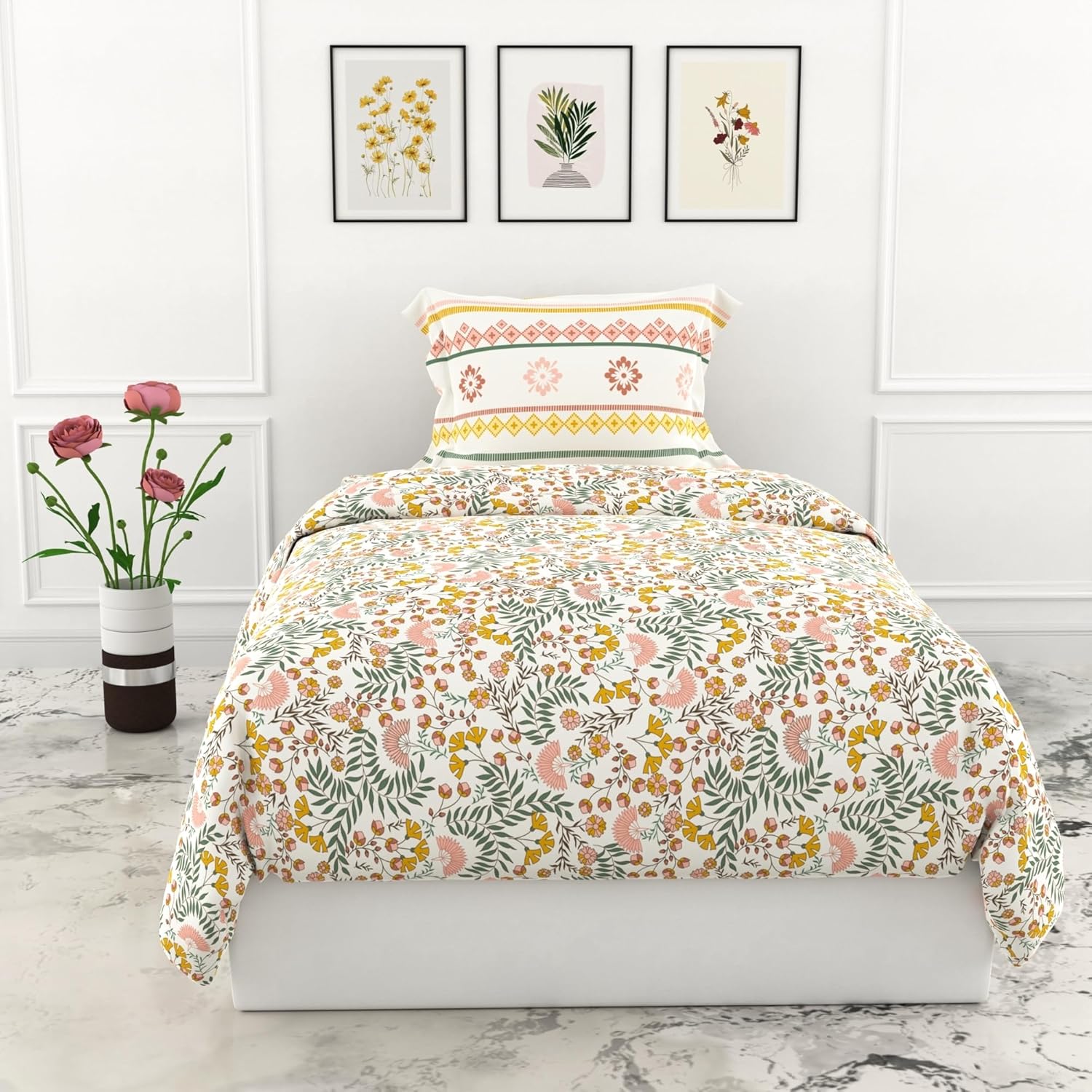 Loreto Cotton Single Bedsheet | Green and Yellow Botanical Harmony
