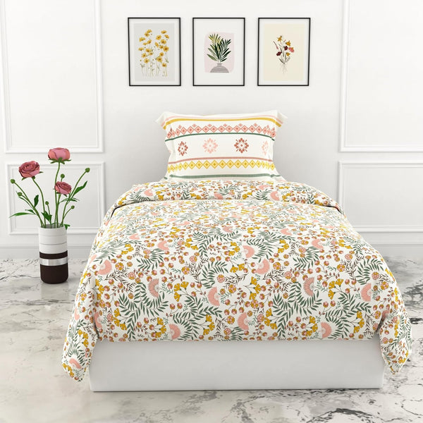 Loreto Cotton Single Bedsheet | Green and Yellow Botanical Harmony