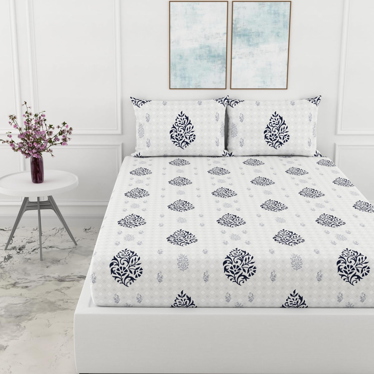 Loreto Cotton King Fitted Bedsheet | Navy Blue Floral Motif 186 TC Cotton Size Elastic with 2 Covers - 78 x 72 Inches