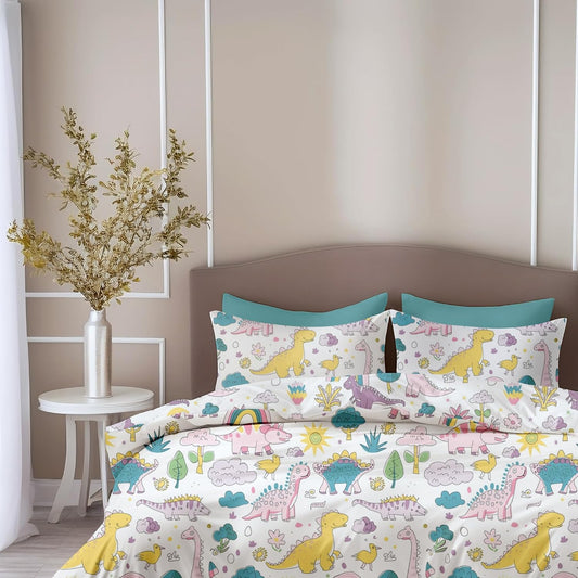 Rainbow Dino Fun Soft & Breathable 100% Cotton Flat King Bedsheet, 144 TC