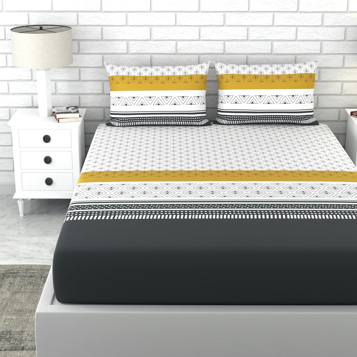 Loreto Cotton King Bedsheet | Granite Black and Golden Haze
