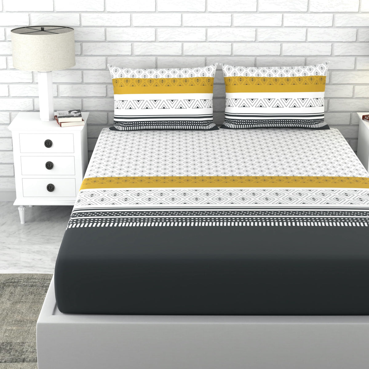 Loreto Cotton Double Bedsheet | Granite Black and Golden Haze