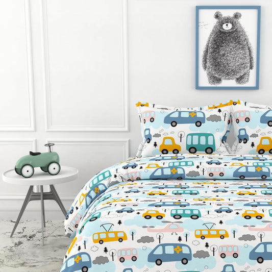 बबलगम ब्लू बस और बनाना येलो कार 100% कॉटन फ्लैट किंग बेडशीट, 144 TC