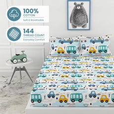 Blue Bus & Banana Yellow Cars 100% Cotton Double Fitted Bedsheet, 144 TC, 72 x 60 Inches
