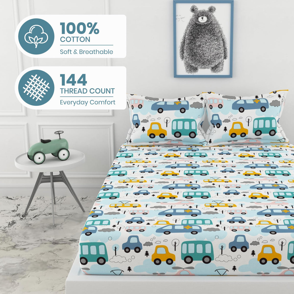 Blue Bus & Banana Yellow Cars 100% Cotton Double Fitted Bedsheet, 144 TC, 72 x 60 Inches