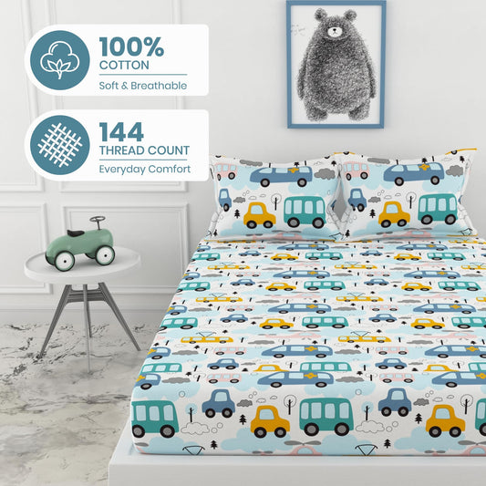 Blue Bus & Banana Yellow Cars 100% Cotton Double Fitted Bedsheet, 144 TC, 72 x 60 Inches
