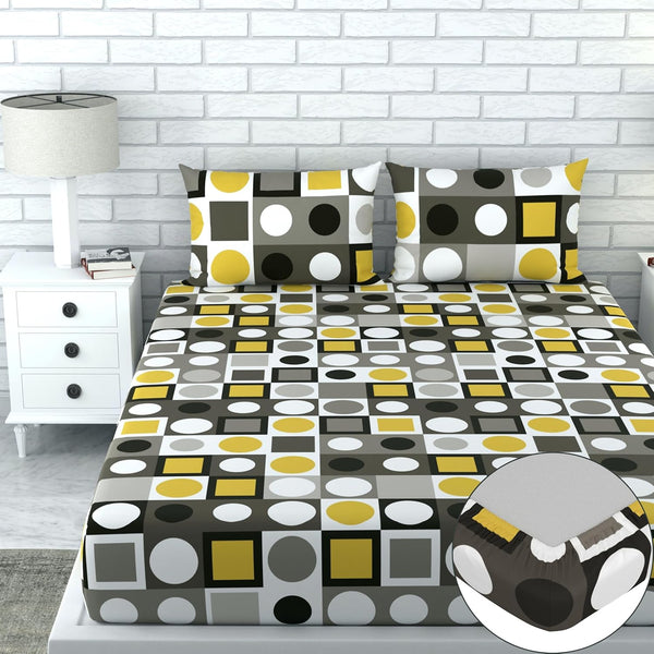 Loreto Cotton King Fitted Bedsheet | Forged Iron Grey & Lemon Zest Yellow