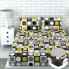 Loreto Cotton Double Fitted Bedsheet | Forged Iron Grey and Lemon Zest Yellow
