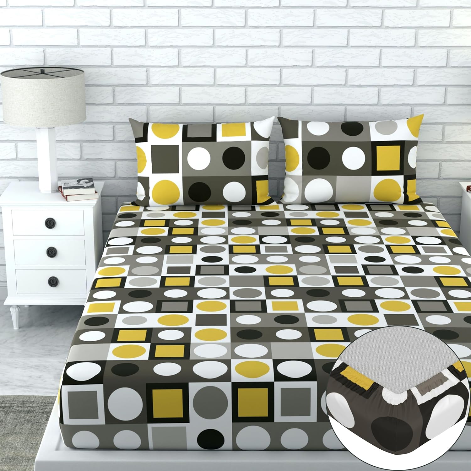 Loreto Cotton Double Fitted Bedsheet | Forged Iron Grey and Lemon Zest Yellow