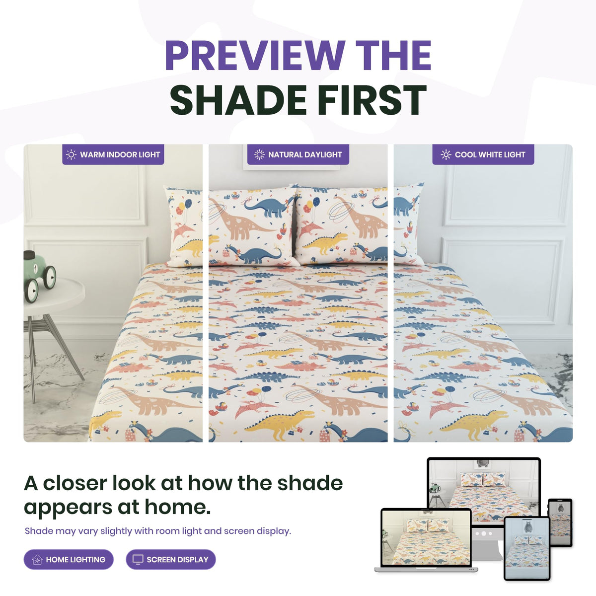 Coral Blue Dino Party 100% Cotton Double Fitted Bedsheet with 2 Pillow Covers, 144 TC, 78 x 60 Inches