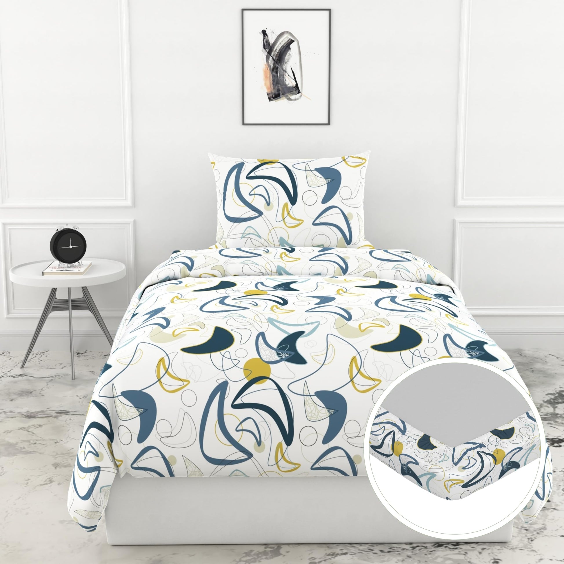 Blue & Olive Waves 144 TC 100% Cotton Elastic Fitted Single Bedsheet with 1 Pillow Cover - 78 x 36 Inches