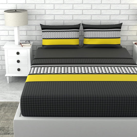 Loreto Cotton King Bedsheet | Stone Grey and Yellow
