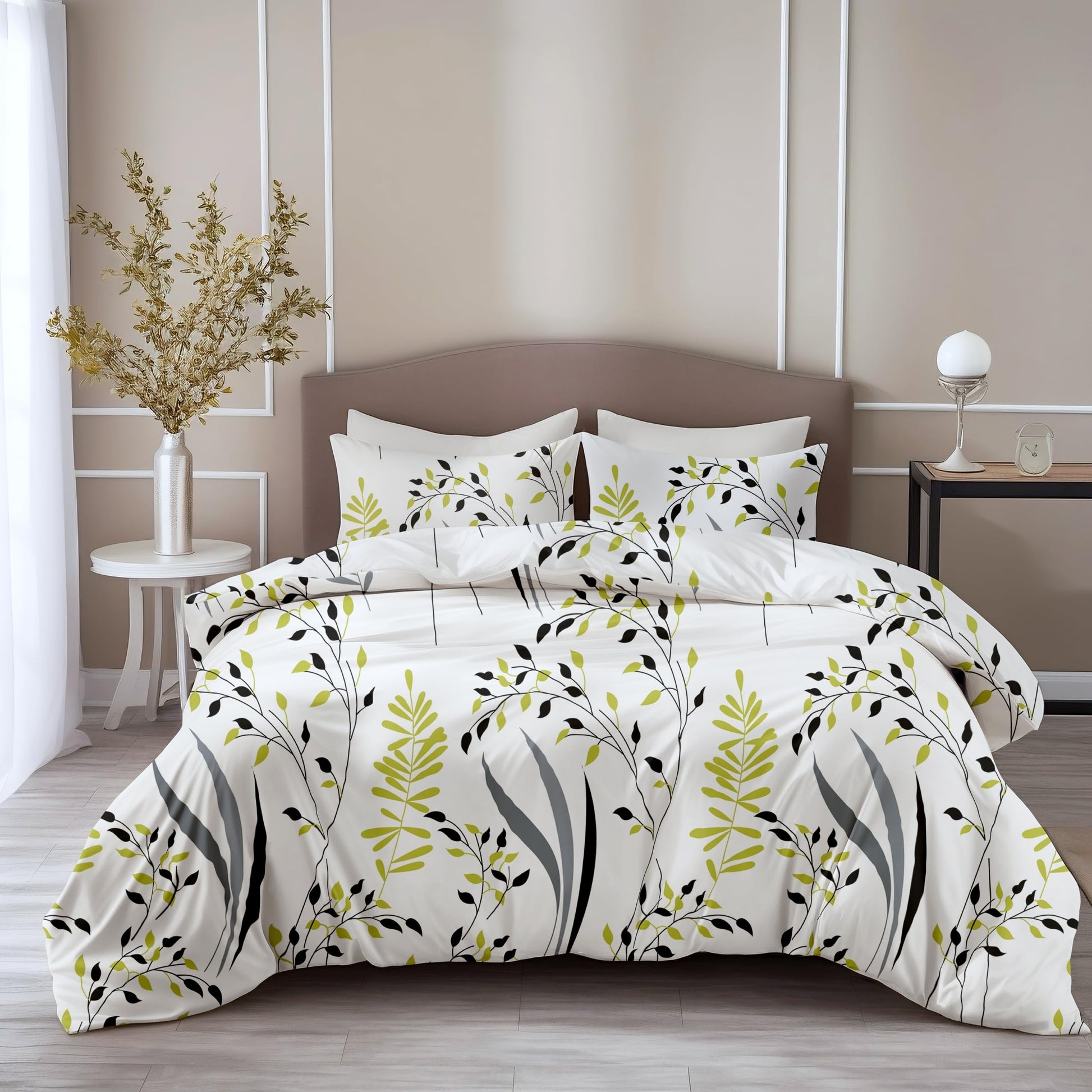 Loreto Cotton Double Bedsheet | Olive & Charcoal Trail 100% Pure Cotton with 2 Covers, 186 TC, 90 x 108 Inches