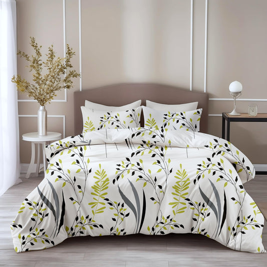 Loreto Cotton Double Bedsheet | Olive & Charcoal Trail 100% Pure Cotton with 2 Covers, 186 TC, 90 x 108 Inches