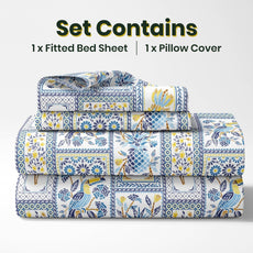 Royal Parrot Flora Print Blue 100% Cotton Elastic Fitted Bedsheet for Single Bed with Pillow Cover | All Around Elastic | 78 x 36 Inches, 144 TC