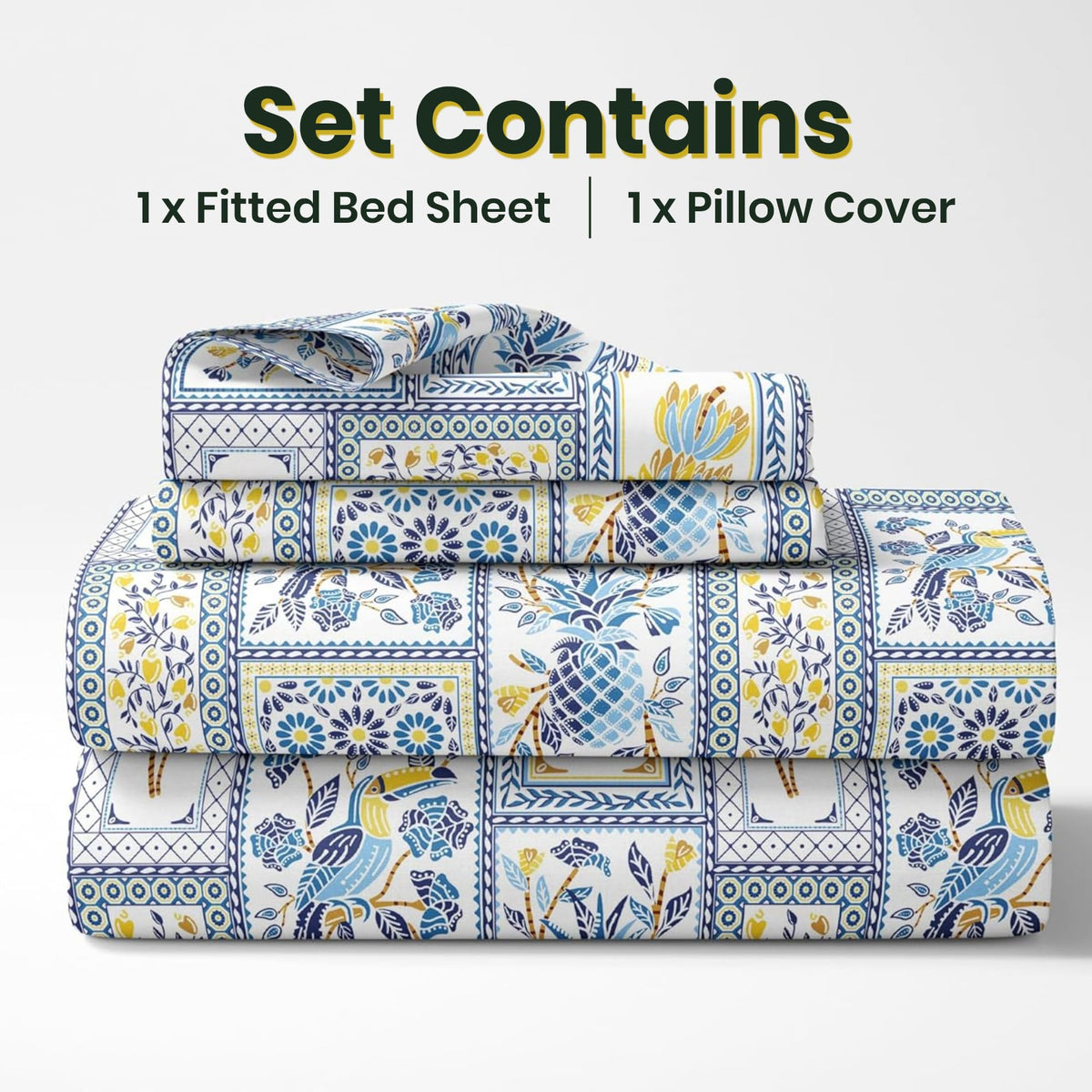 Royal Parrot Flora Print Blue 100% Cotton Elastic Fitted Bedsheet for Single Bed with Pillow Cover | All Around Elastic | 78 x 36 Inches, 144 TC