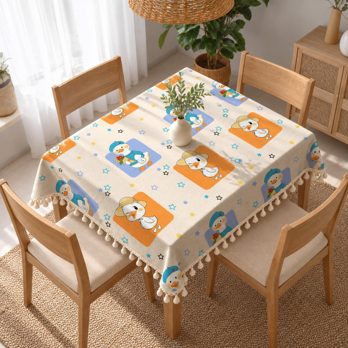 Loreto Playful Ducks on Creamy Beige Cotton Dining Table Cover | 48 x 48 Inches - main product image
