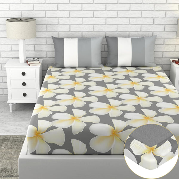 Loreto Cotton King Fitted Bedsheet | Grey & Celery White Flower