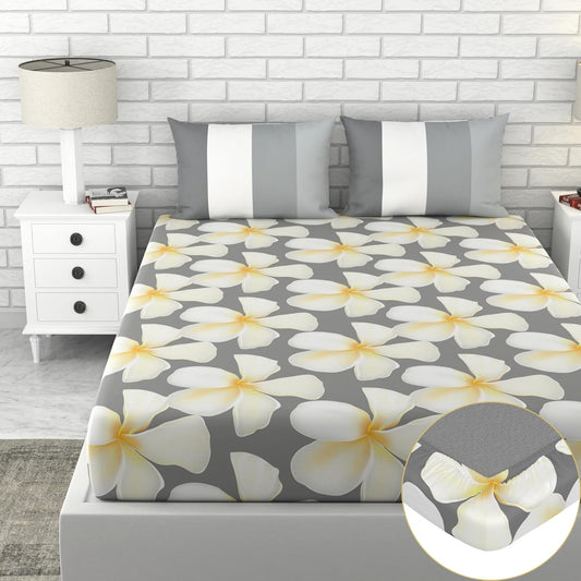 Loreto Cotton Double Fitted Bedsheet | Storm Grey & Celery White Flower