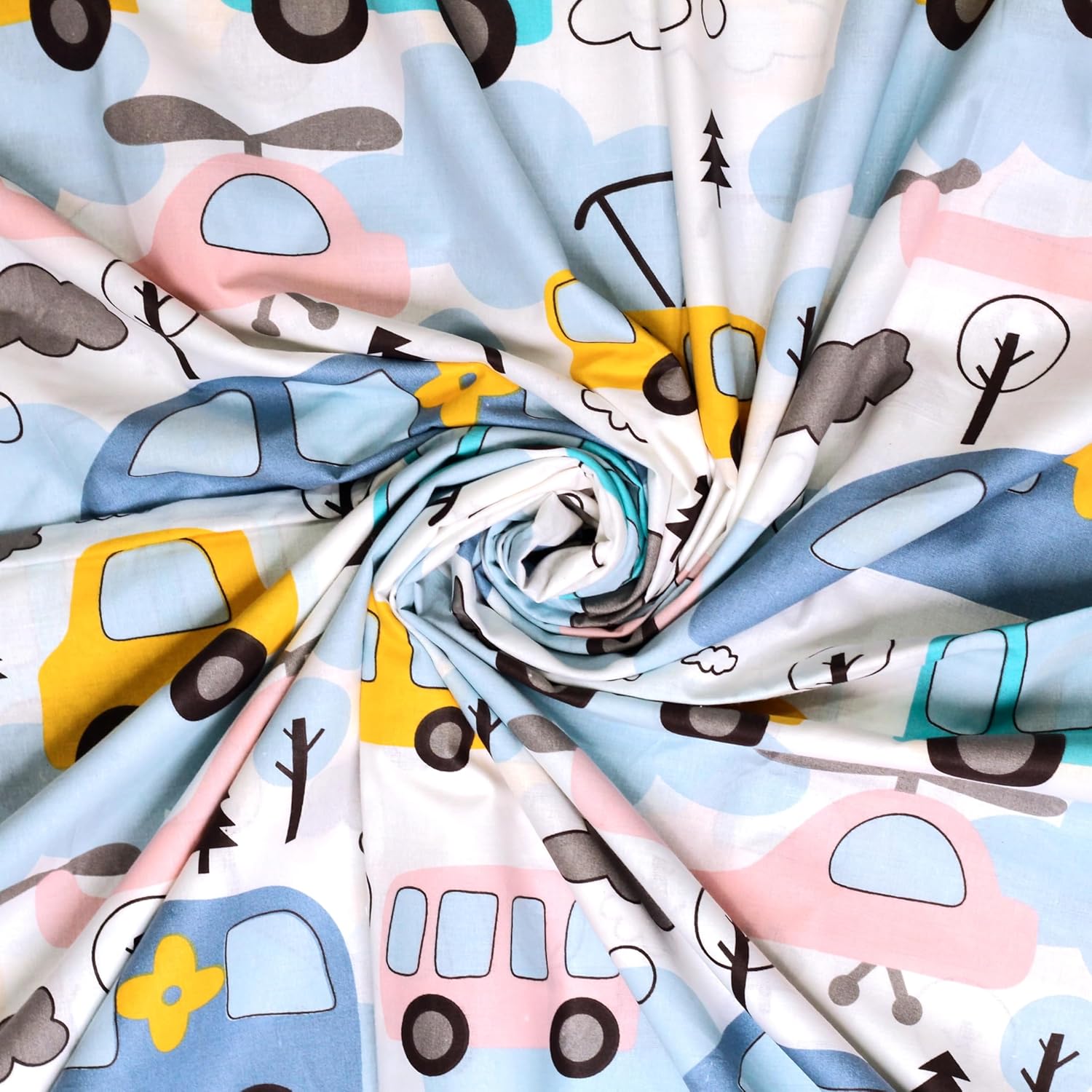 Bubblegum Blue Bus & Banana Yellow Cars 100% Cotton Flat Single Bedsheet, 144 TC