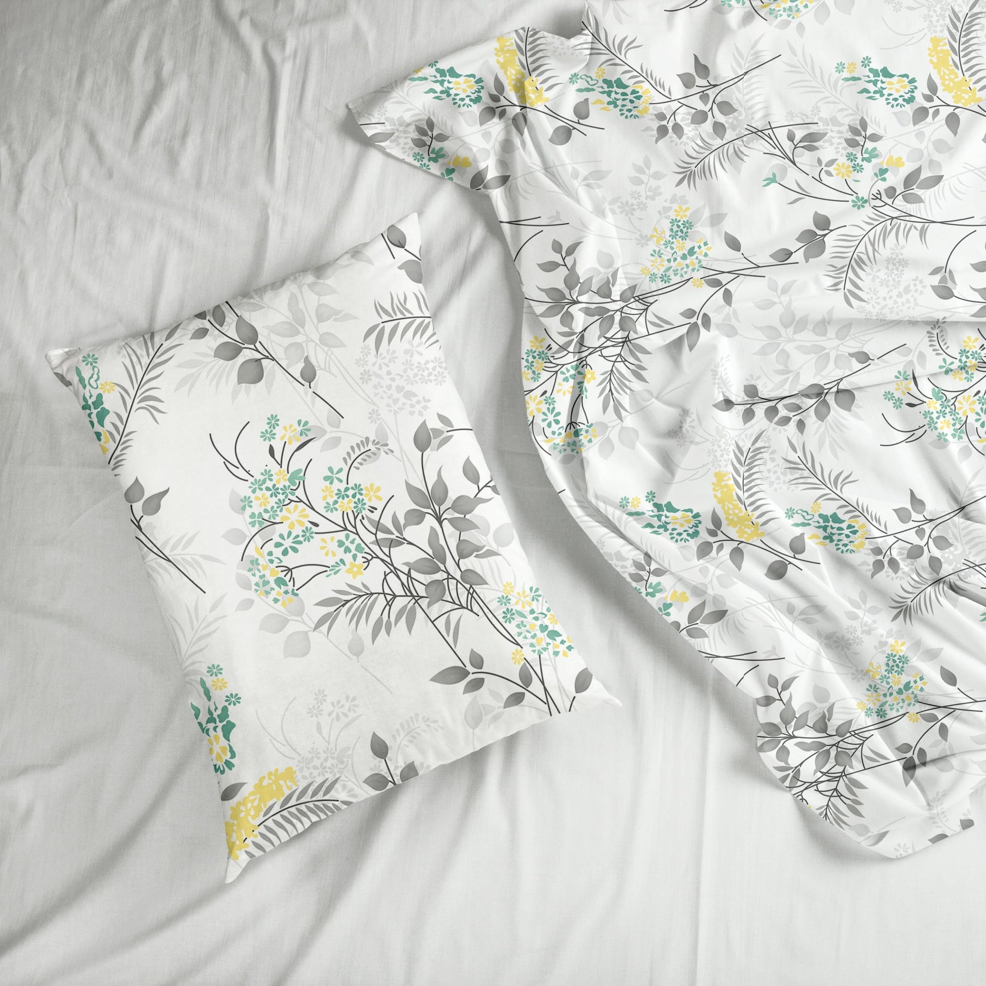 Grey Botanical 100% Pure Cotton Double Bedsheet, 186 TC, 86 x 96 Inches, Soft & Breathable with 2 Pillow Covers