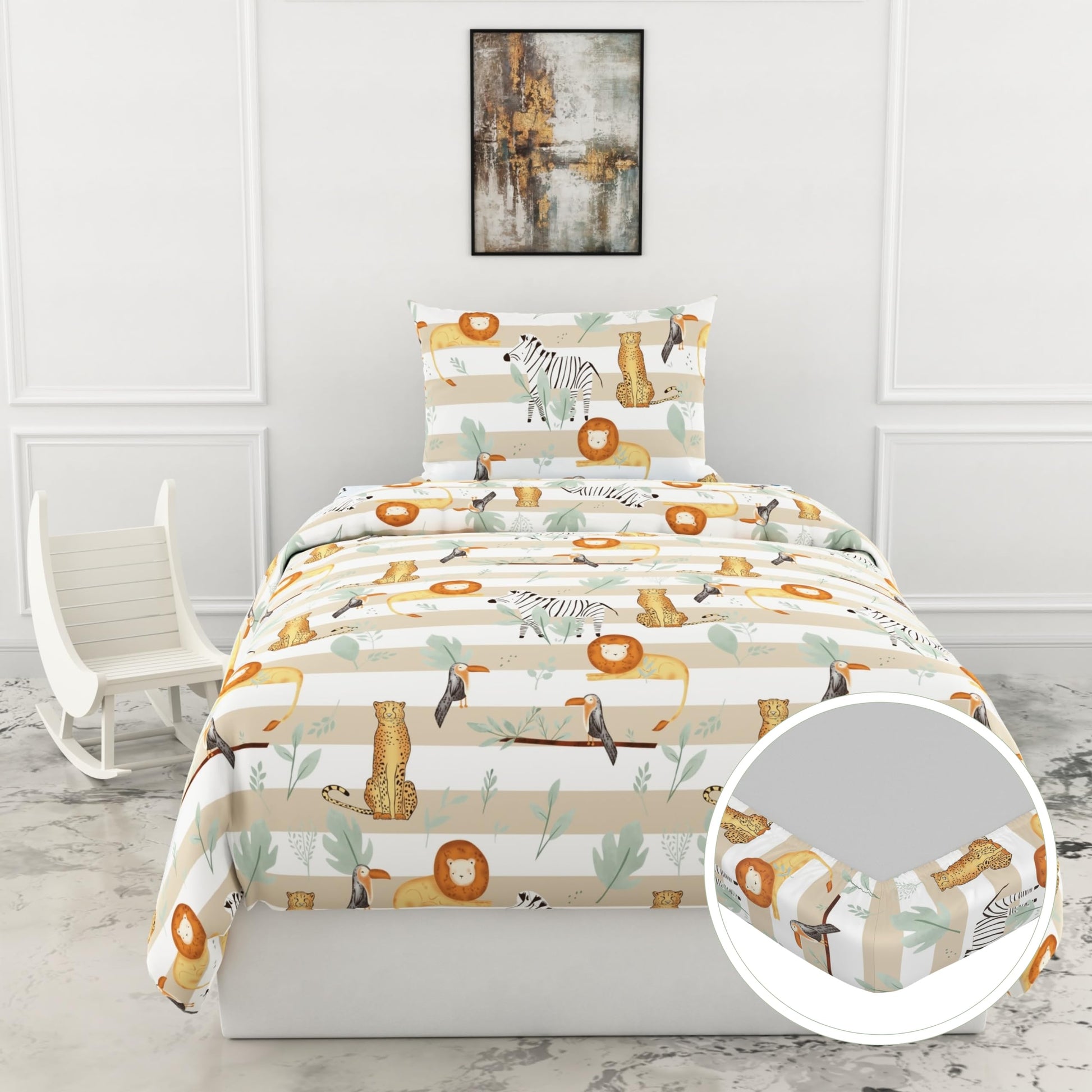 Jungle Beige 144 TC 100% Cotton Elastic Fitted Single Bedsheet with 1 Pillow Cover - 78 x 36 Inches