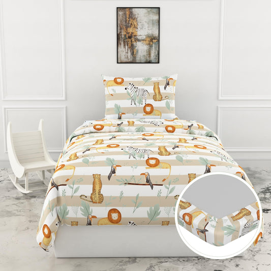 Jungle Beige 144 TC 100% Cotton Elastic Fitted Single Bedsheet with 1 Pillow Cover - 78 x 36 Inches