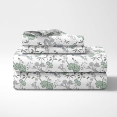 Sage Green & Silver Blooms Soft & Breathable 100% Cotton Flat King Bedsheet, 144 TC
