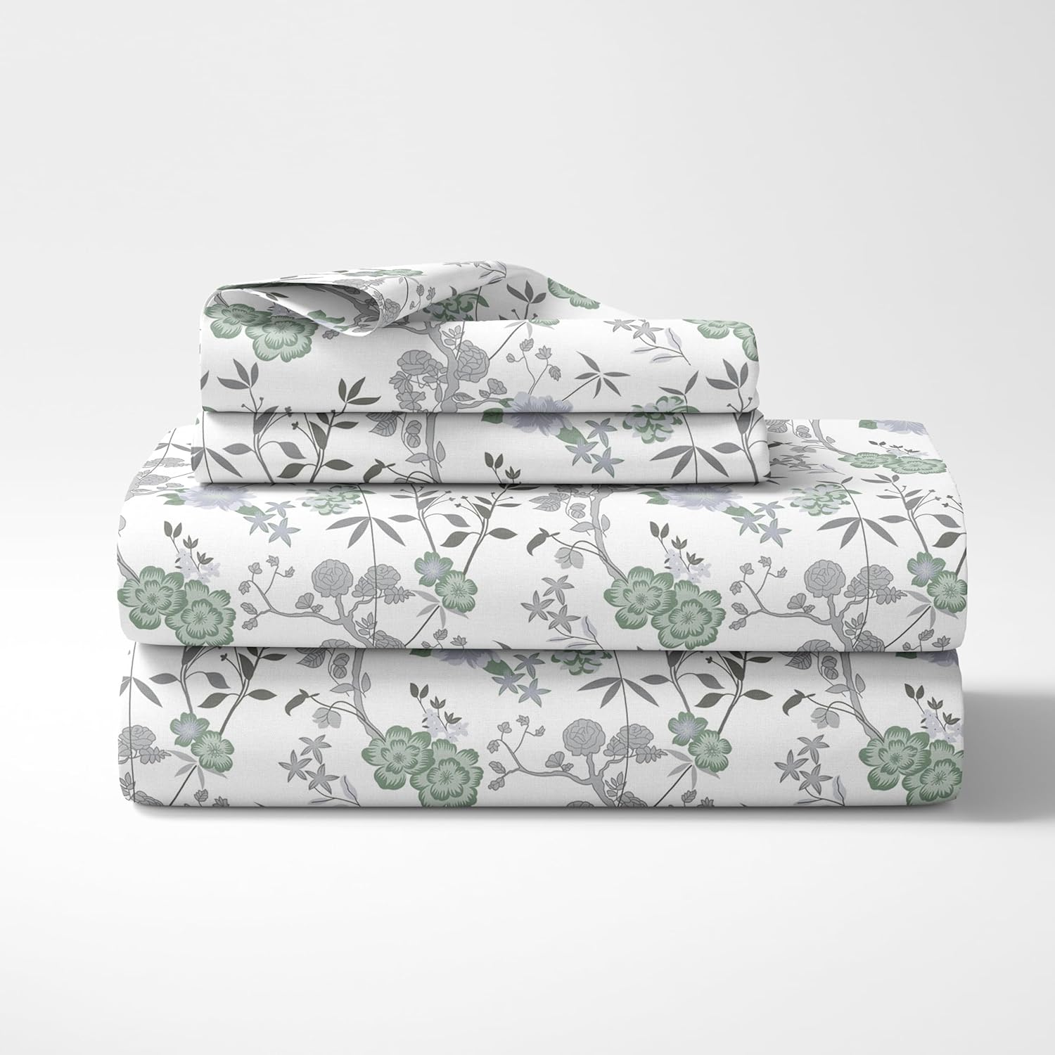 Sage Green & Silver Blooms Soft & Breathable 100% Cotton Flat King Bedsheet, 144 TC