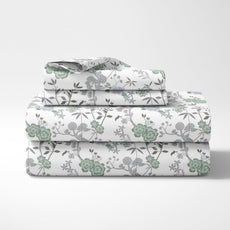 Loreto Cotton Double Fitted Bedsheet | Green & Silver Blooms