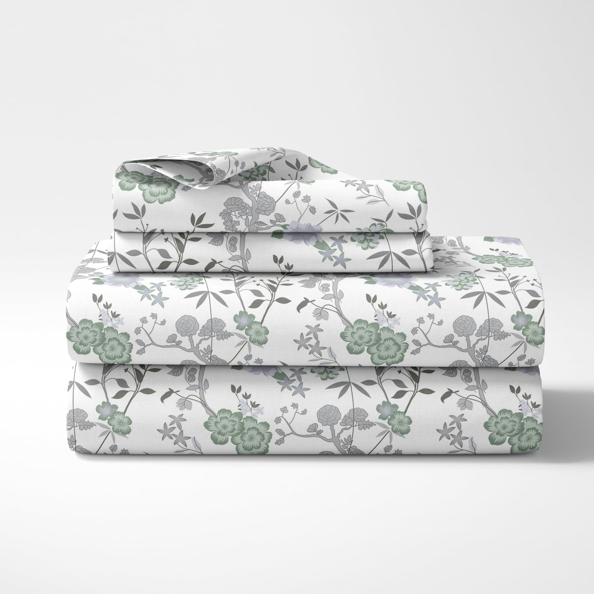 Loreto Cotton Double Fitted Bedsheet | Green & Silver Blooms