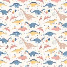 Coral Blue Dino Party 144 TC 100% Cotton Elastic Fitted Single Bedsheet with 1 Pillow Cover - 78 x 36 Inches