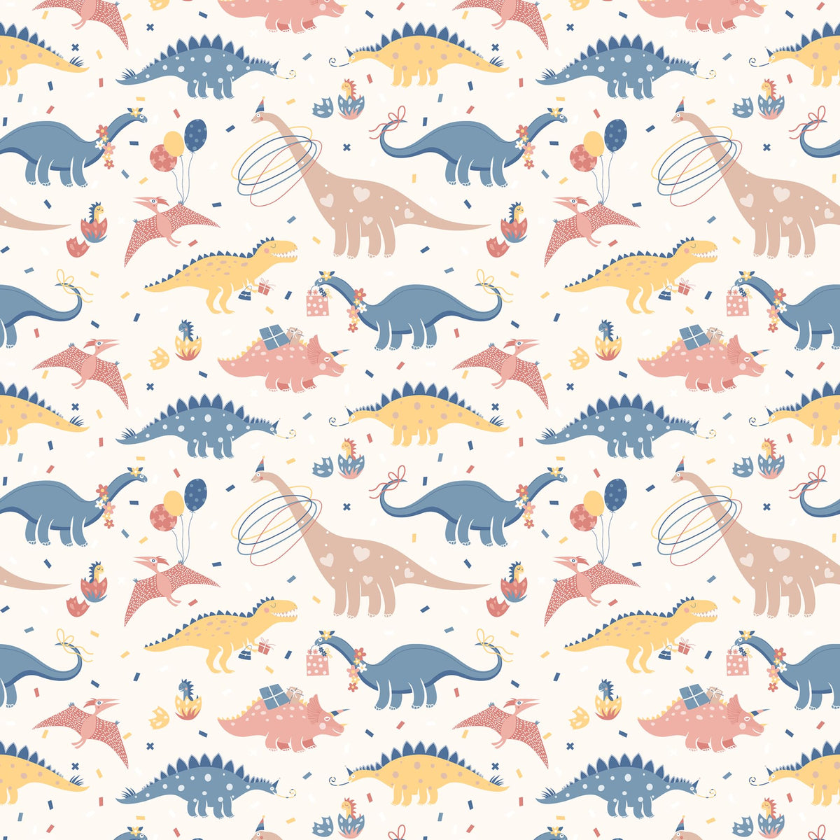 Coral Blue Dino Party 100% Cotton Double Fitted Bedsheet with 2 Pillow Covers, 144 TC, 78 x 60 Inches