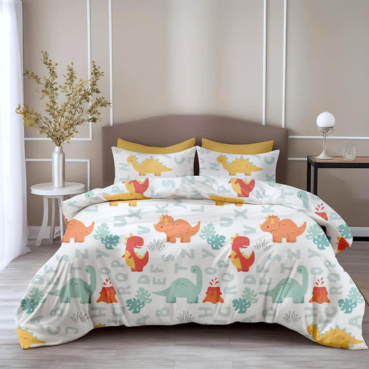 Loreto Cotton Double Bedsheet | Orange & Mint Alphabet Dino Play Soft & Breathable